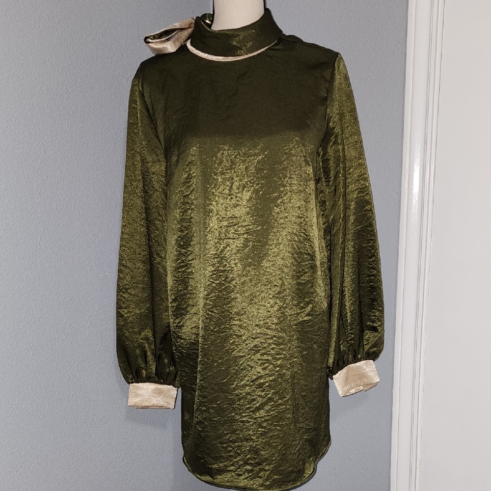 NORA DABAS Elegant Olive Green Satin Dress Sz L